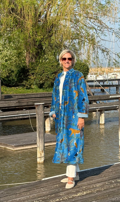 Velvet Kimono Mantel "Wild Jungle" blue