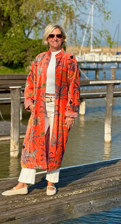 Velvet Kimono Mantel "Wild Jungle" orange
