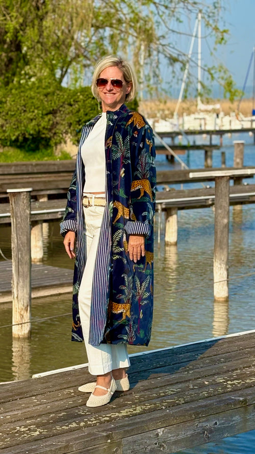 Velvet Kimono Mantel "Wild Jungle" navy"