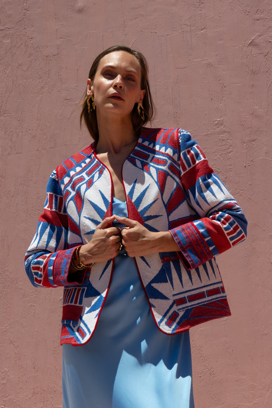 Webjacke "Geometric" blue/red