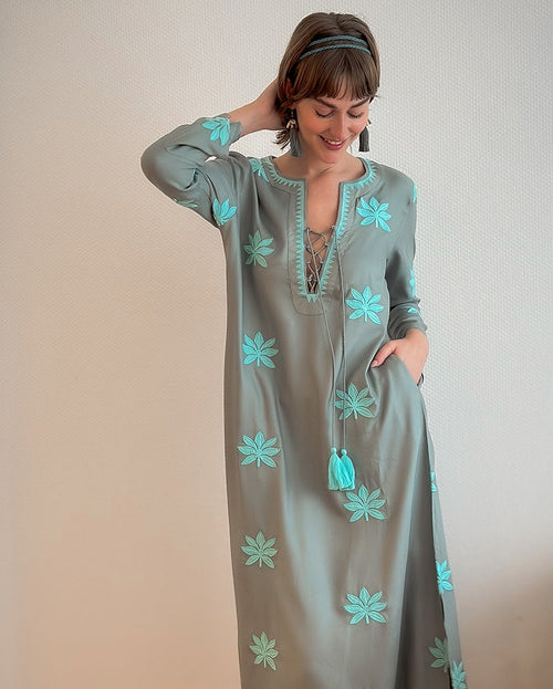 Gloria Dress long "Lotusflower" khaki/aqua