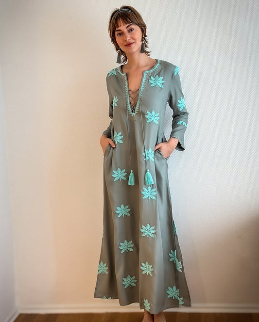 Gloria Dress long "Lotusflower" khaki/aqua