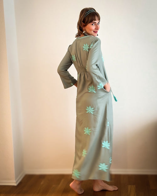Gloria Dress long "Lotusflower" khaki/aqua