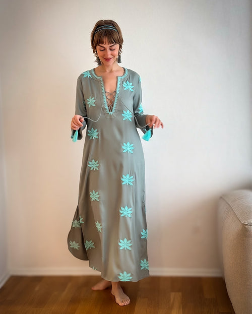 Gloria Dress long "Lotusflower" khaki/aqua