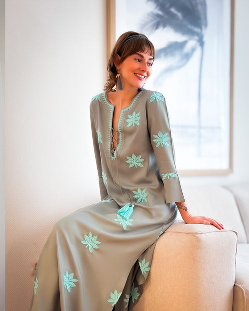 Gloria Dress long "Lotusflower" khaki/aqua