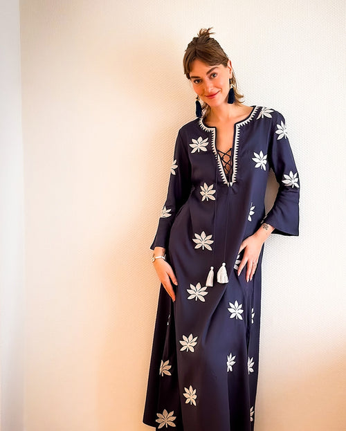 Gloria Dress long "Lotusflower" navy