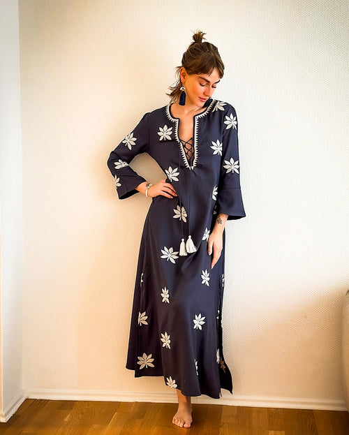 Gloria Dress long "Lotusflower" navy