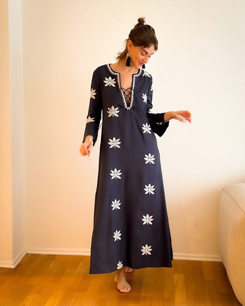 Gloria Dress long "Lotusflower" navy