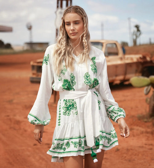 Short Dress "Anika" white/green