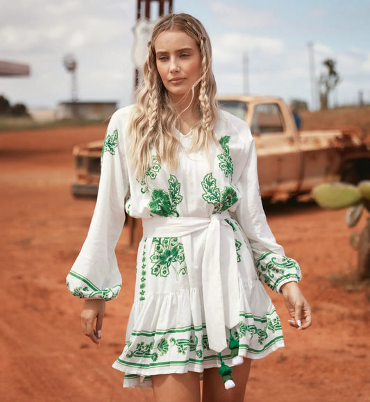 Short Dress "Anika" white/green