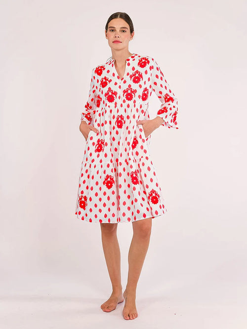 Borage Dress Dots Gujarat Birds Embroidery red