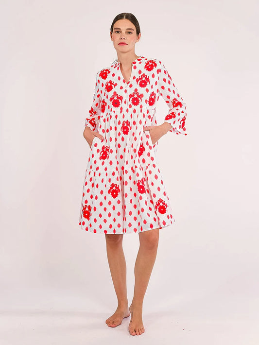 Borage Dress Dots Gujarat Birds Embroidery red