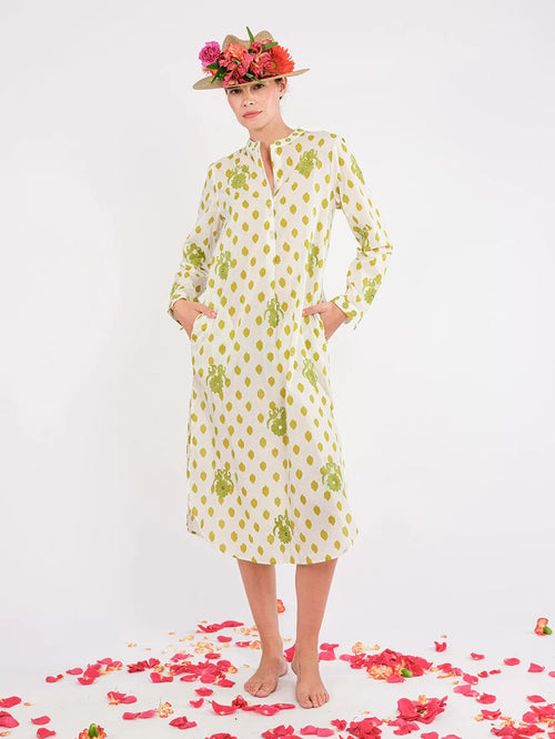 Kaftan Cedar Dots Embroidery Gujarat Birds Lime