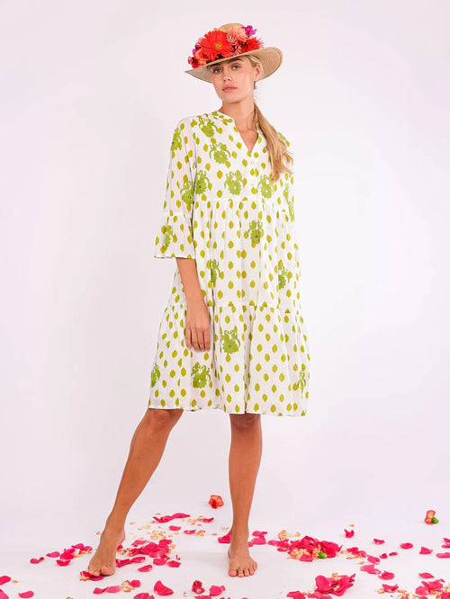 Borage Dress Dots Gujarat Birds Embroidery lime