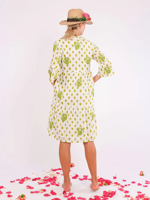 Borage Dress Dots Gujarat Birds Embroidery lime