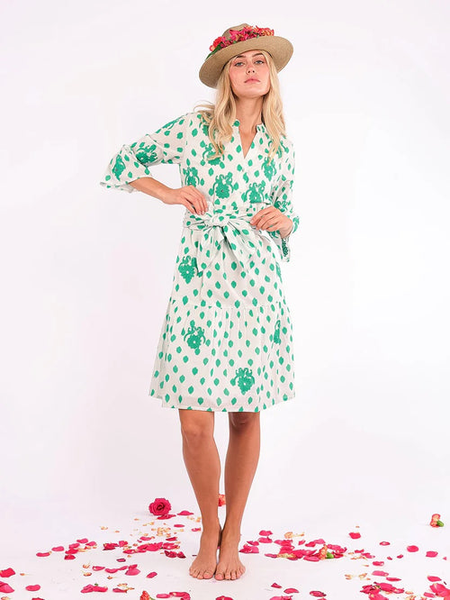 Borage Dress Dots Gujarat Birds Embroidery emerald