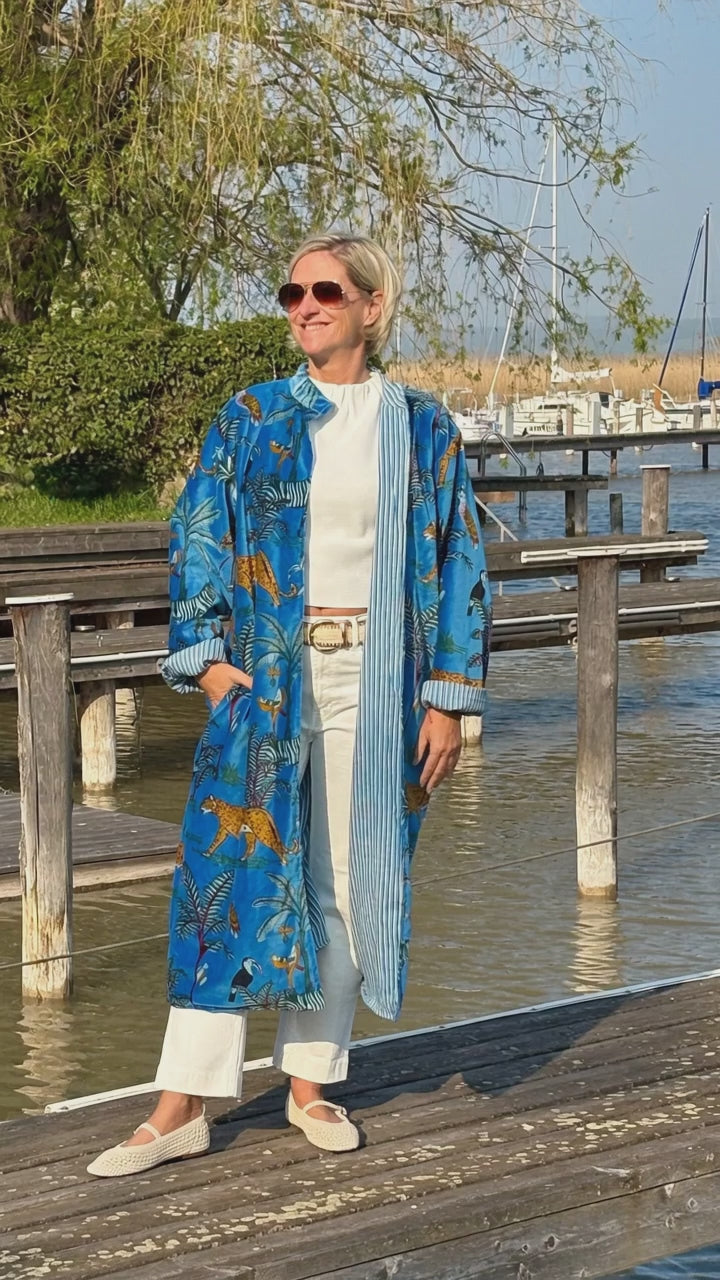 Velvet Kimono Mantel "Wild Jungle" blue